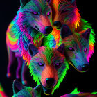 Multicolored wolf heads in cosmic starry digital art