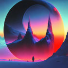 Fantastical twilight landscape with ice peaks, crescent moon, lone figure, and vibrant colors.