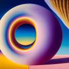 Surreal landscape with purple torus and spiraled tower