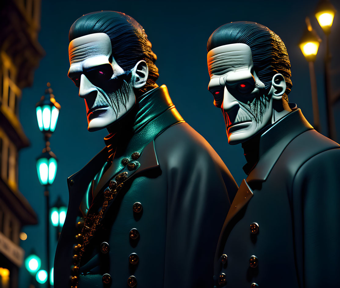 Stylized skull-faced figures in suits under streetlight at night