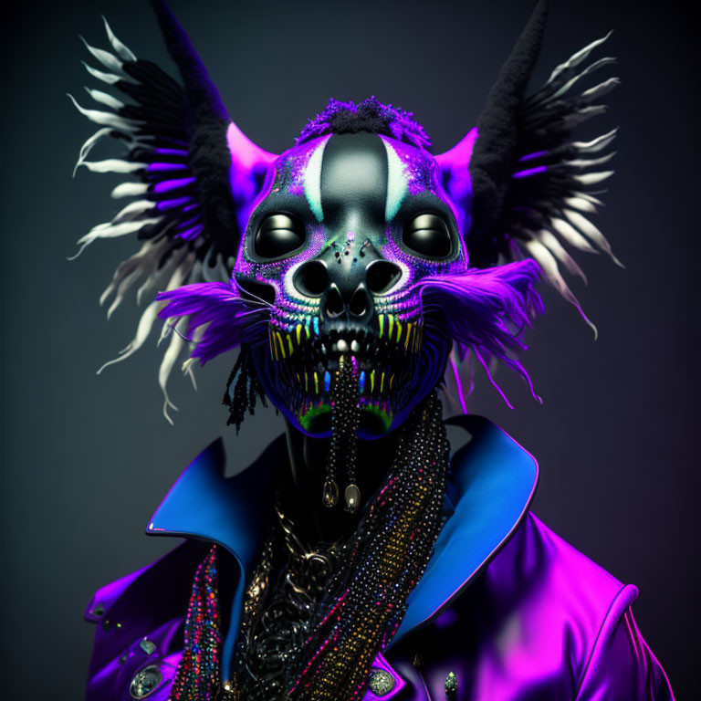 Vibrant ultraviolet portrait with animal mask, horns, feathers