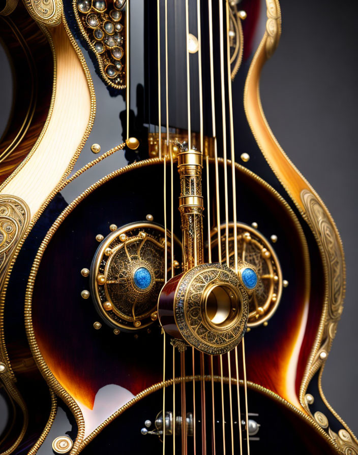 Ornate Guitar with Gold Detailing and Blue Gemstones on Dark Background