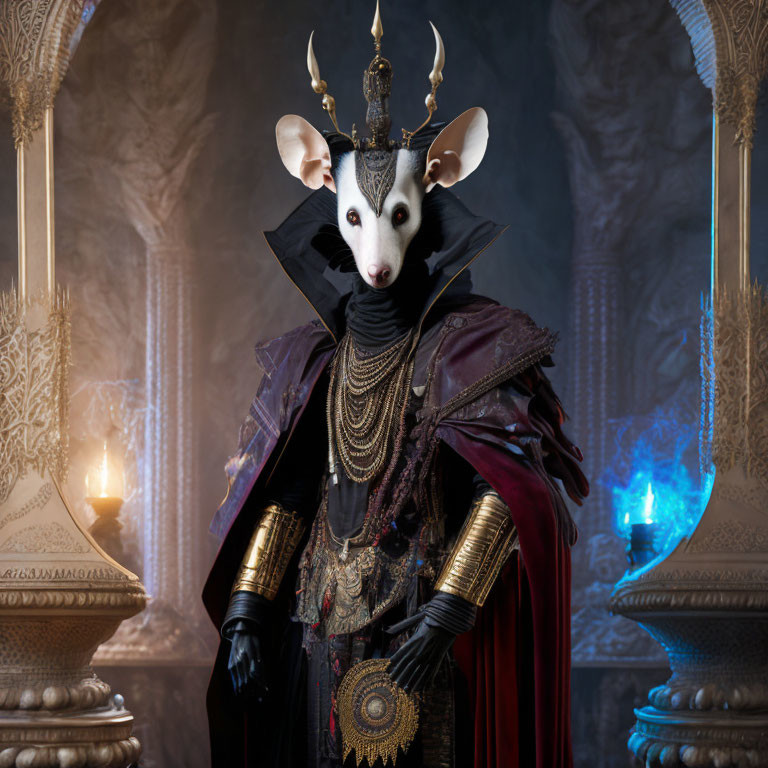 Elaborate royal attire with mouse head mask in regal pose against luxurious backdrop