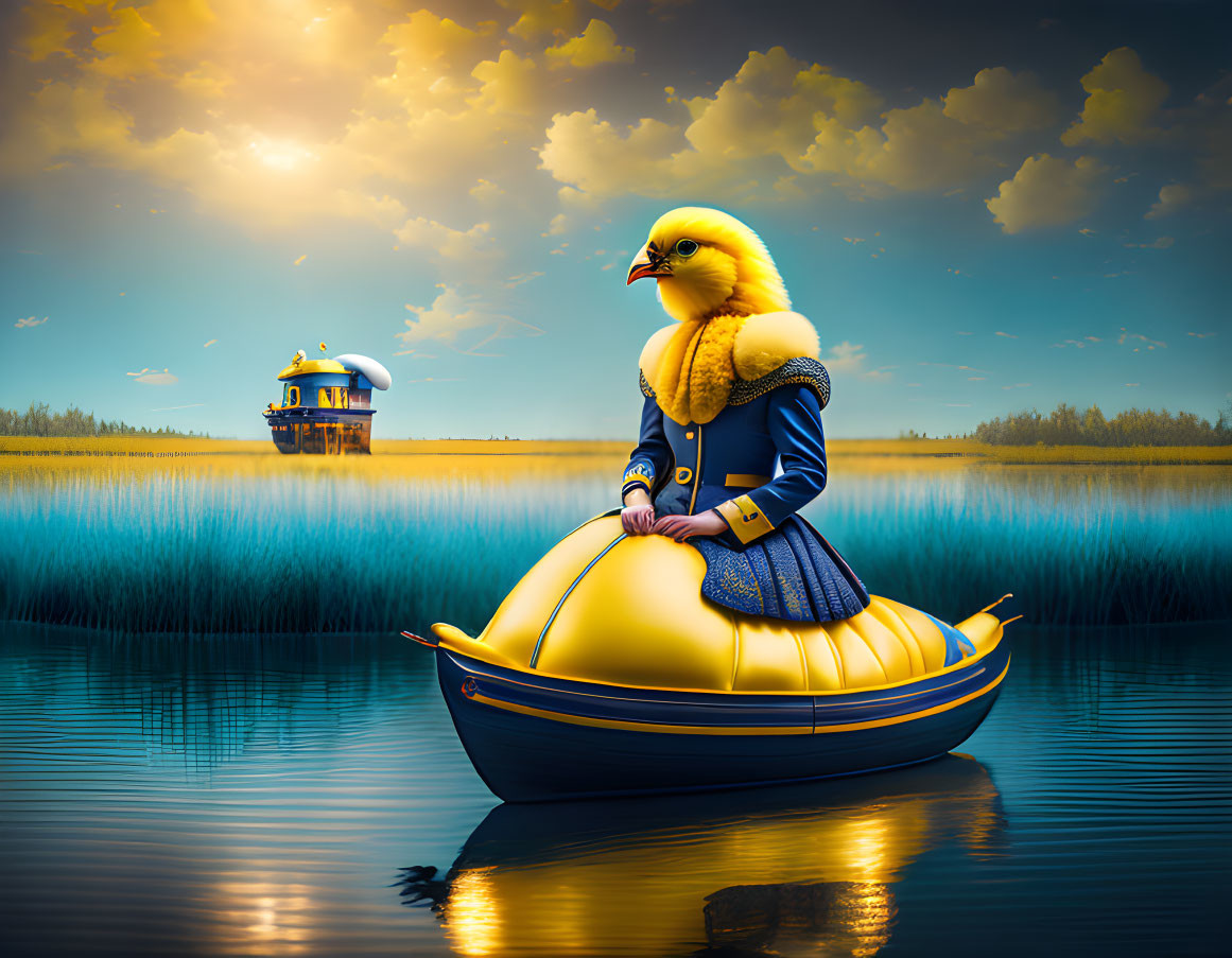 Surreal illustration: Giant chick in Renaissance outfit on lemon boat