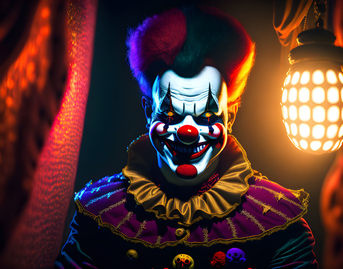 Colorful Makeup Clown in Vibrant Costume under Eerie Lighting