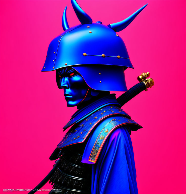 Vibrant blue samurai armor with horned helmet on pink background