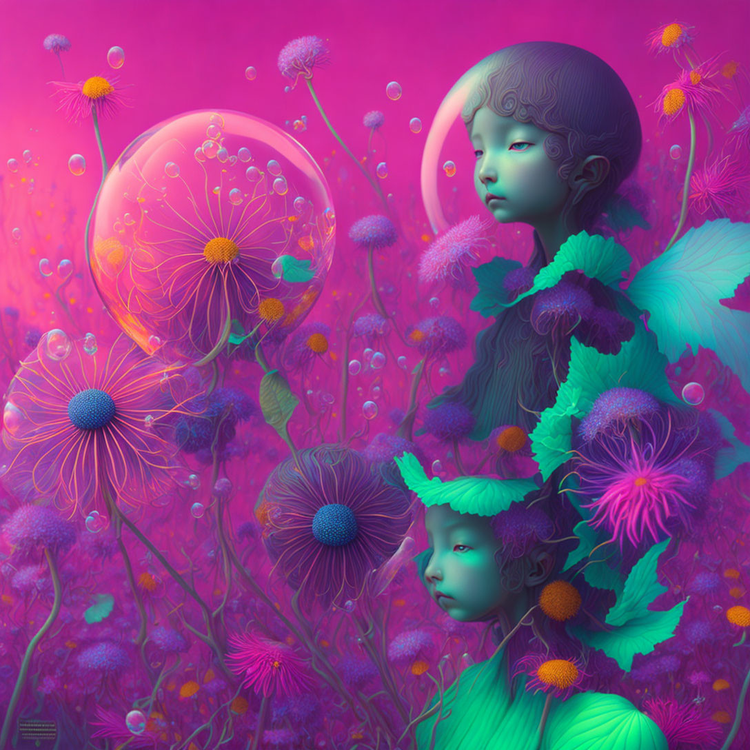 Surreal Artwork: Blue Figures with Oversized Dandelions on Pink Background