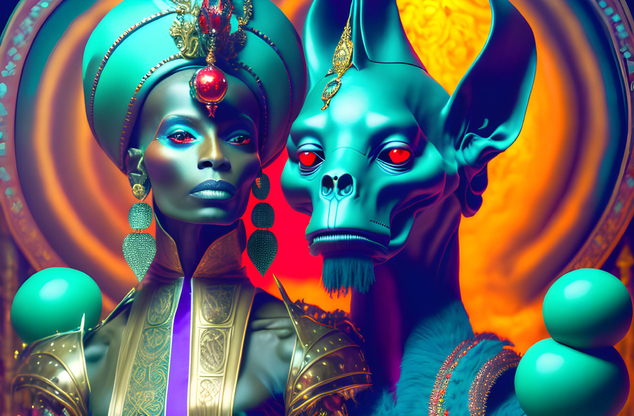 Colorful artwork featuring woman with blue and gold headgear and stylized creature