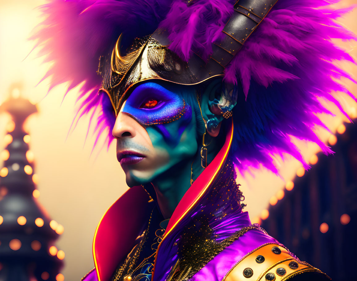 Person in Vibrant Carnival Attire with Feathered Headdress and Mask