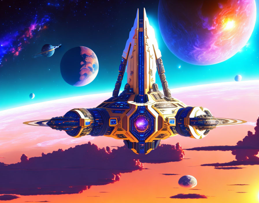 Futuristic spaceship above colorful alien planet with moons