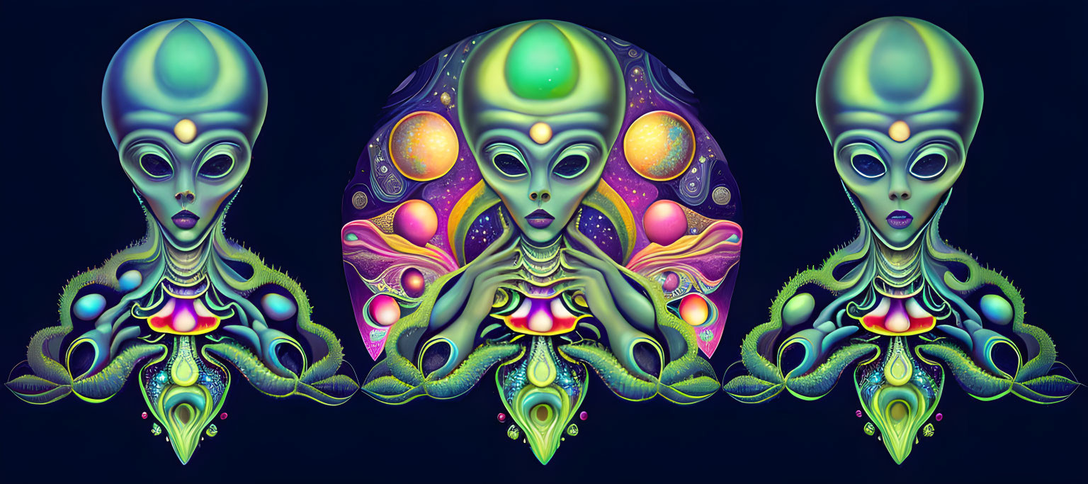 Vibrant stylized alien figures on dark background