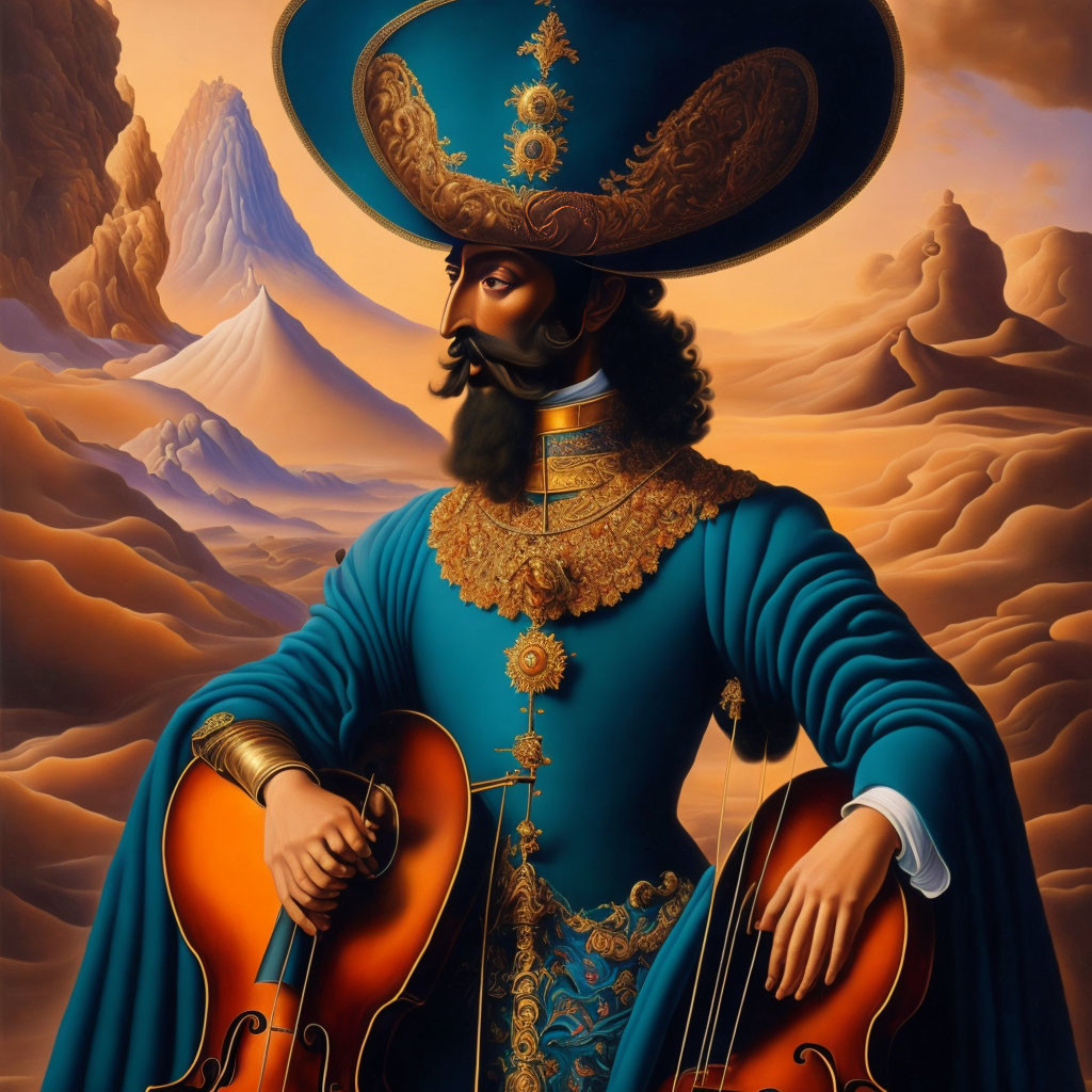 Man in Blue Hat and Coat with Violin in Surreal Desert Landscape