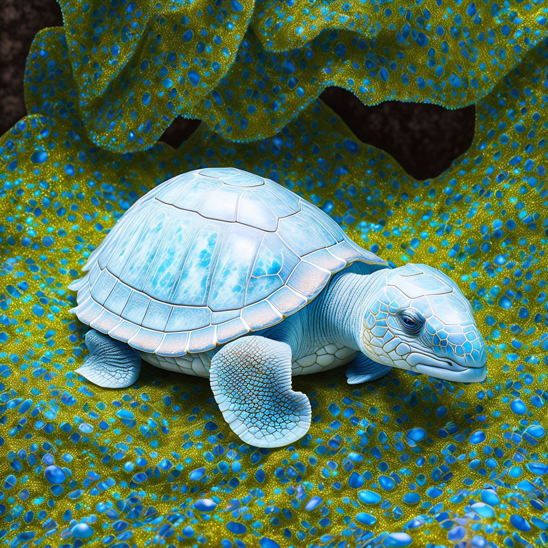 Digitally altered turtle with shiny blue shell on starry night background