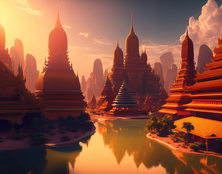 Digital artwork of Asian temple complex with golden spires against mountain backdrop.