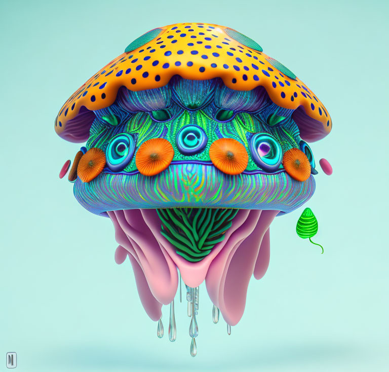 Whimsical jellyfish illustration with eye-like patterns and dripping tentacles