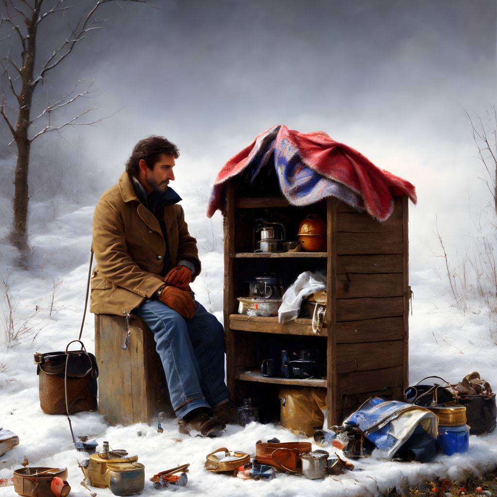 Bearded man in brown coat sitting by wooden stall with pots and pans in snowy landscape