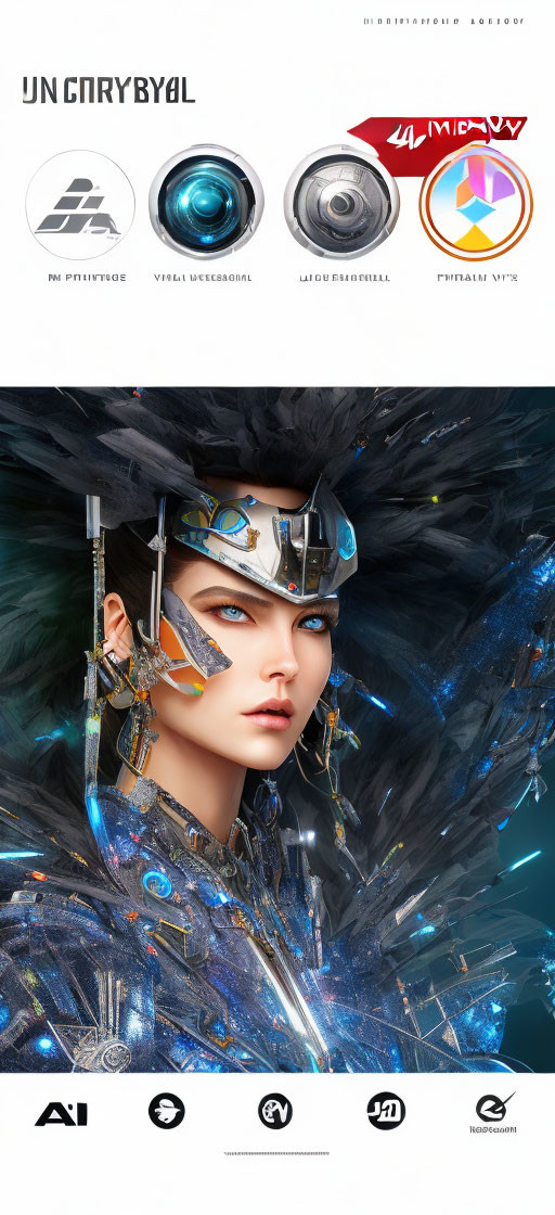 Futuristic digital artwork of female character in blue armor with glowing elements and feathers