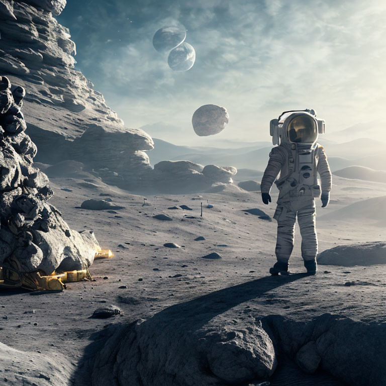 Astronaut on rocky lunar surface with multiple moons in grey sky