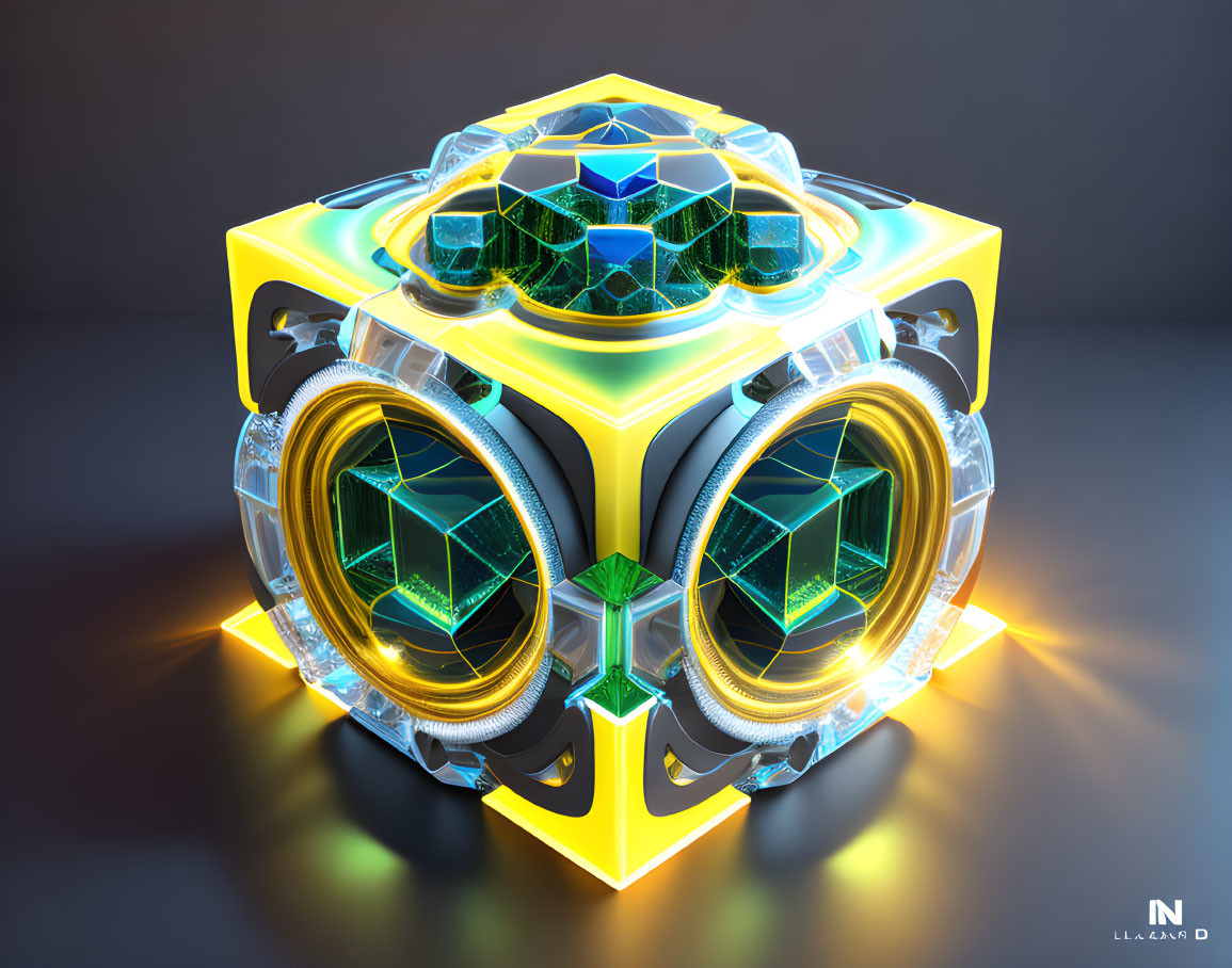 Intricate geometric patterns on glowing futuristic cube