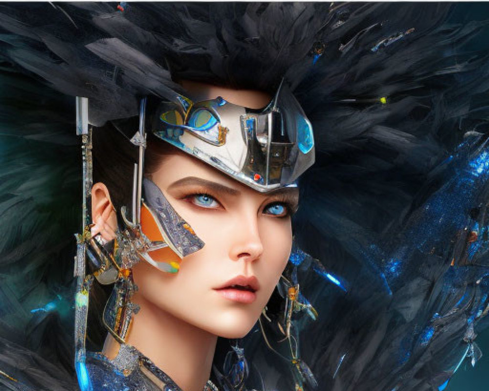 Futuristic digital artwork of female character in blue armor with glowing elements and feathers