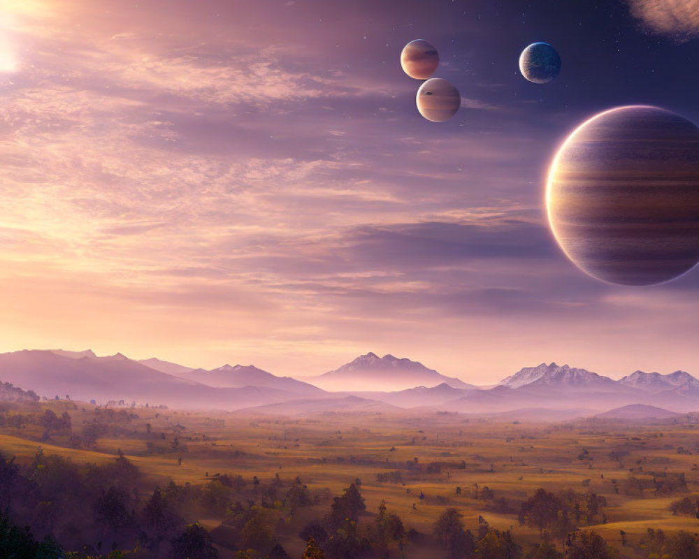 Twilight landscape with large planets over hills