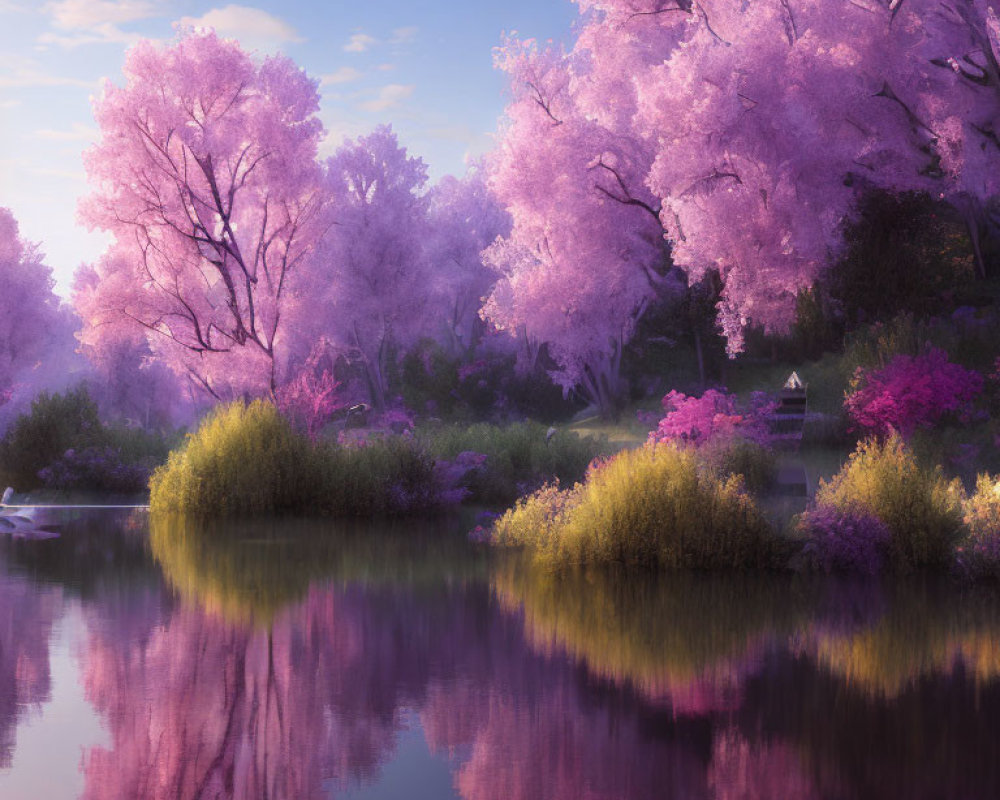 Tranquil scene of pink and purple trees by calm water