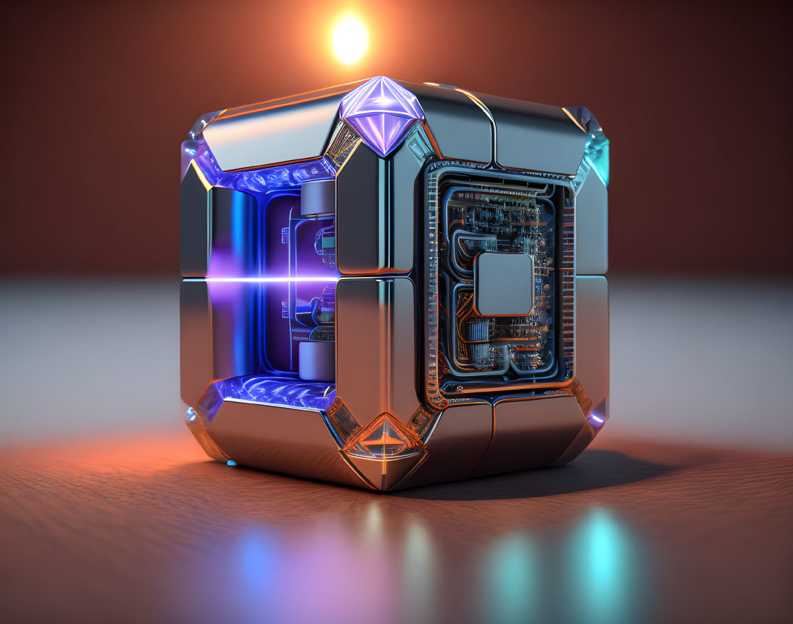 Metallic Cube with Illuminated Circuitry and Glowing Lights