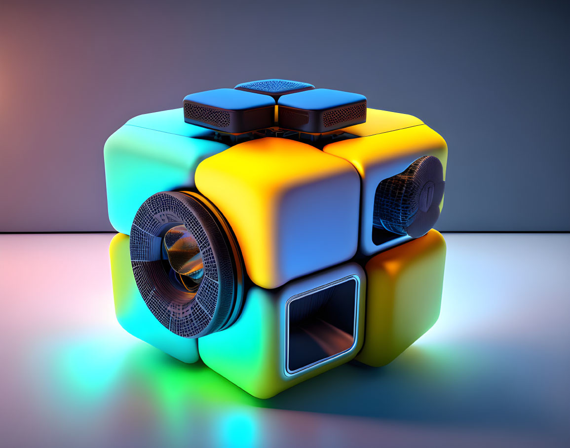 Colorful Futuristic Cube with Speakers, Screen, and Touchpad