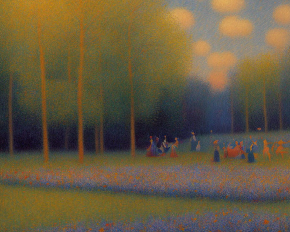 Impressionistic painting of people in vintage clothing under tall trees at dusk