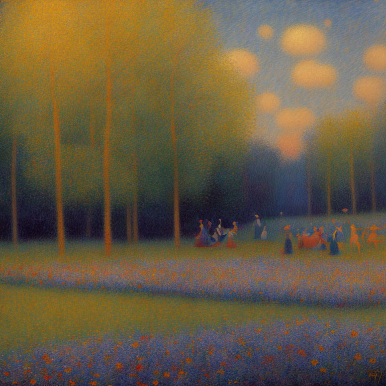 Impressionistic painting of people in vintage clothing under tall trees at dusk