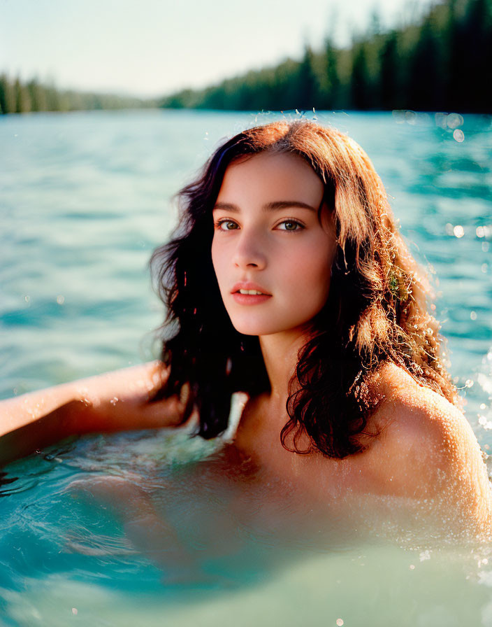 Young woman with dark hair swimming in clear lake with forested mountains backdrop.