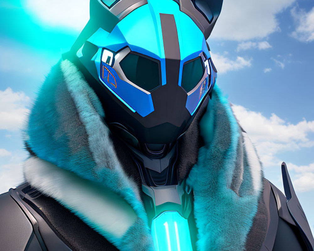 Futuristic robotic wolf head with glowing blue eyes and energy core, wearing fur-trimmed cloak