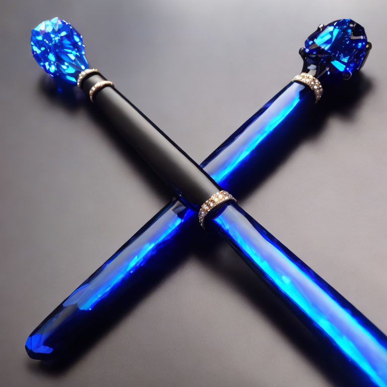 Ornate Blue Crystal Pens with Diamond Accents on Gray Background