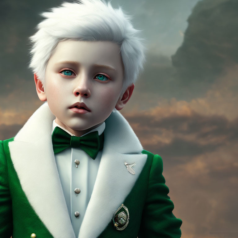 Young boy with white hair in green tuxedo against cloudy backdrop