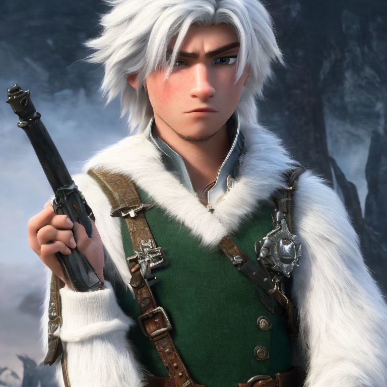 Animated character with white hair, staff, green tunic, fur, and leather details