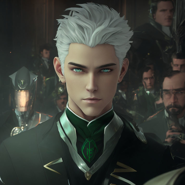 White-haired male with green eyes in black uniform surrounded by uniformed people.