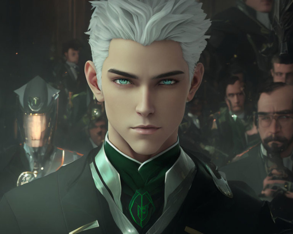 White-haired male with green eyes in black uniform surrounded by uniformed people.
