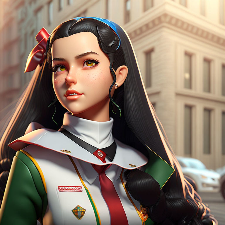 Young female digital artwork with black hair, red bow, freckles, white uniform, colorful badges