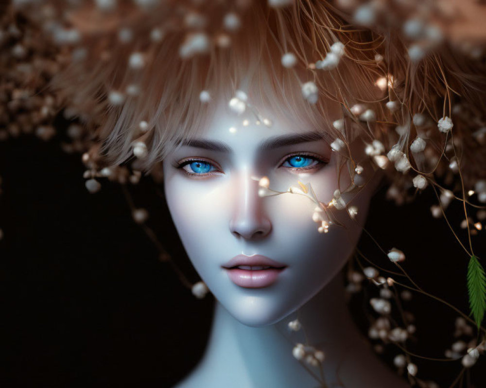 Close-up digital art portrait of person with pale skin, blue eyes, white blossoms, brown tw