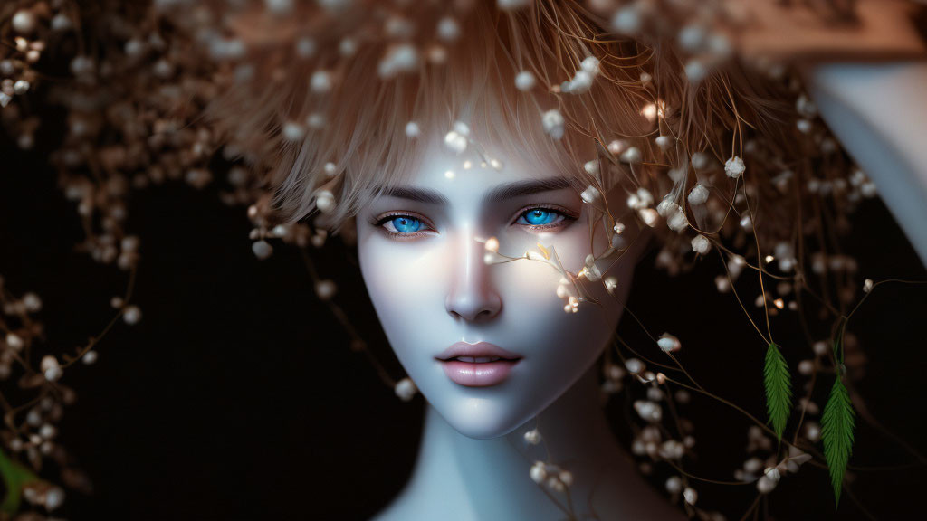 Close-up digital art portrait of person with pale skin, blue eyes, white blossoms, brown tw