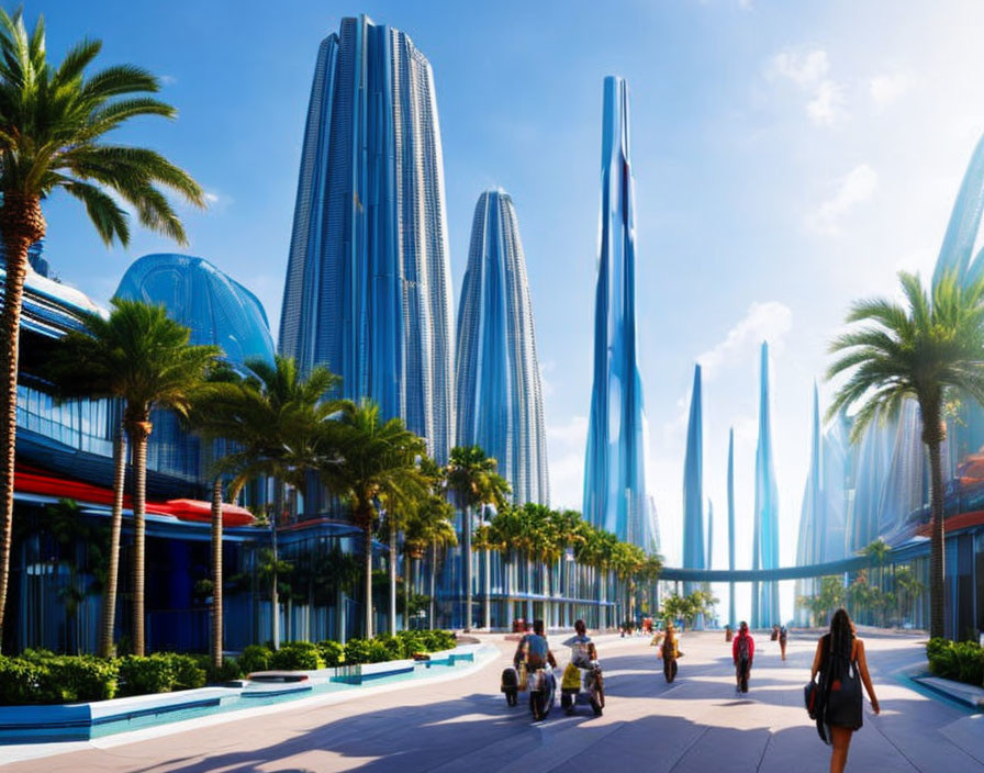 Futuristic cityscape with tall skyscrapers, palm trees, and people walking under clear sky