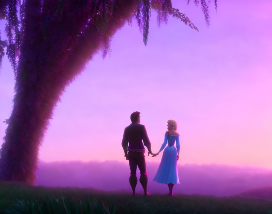 Couple Holding Hands in Purple Landscape at Sunrise or Sunset
