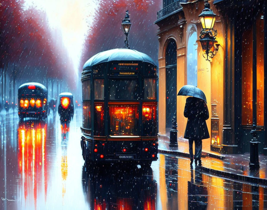 Vintage trams and person with umbrella in rainy city scene.