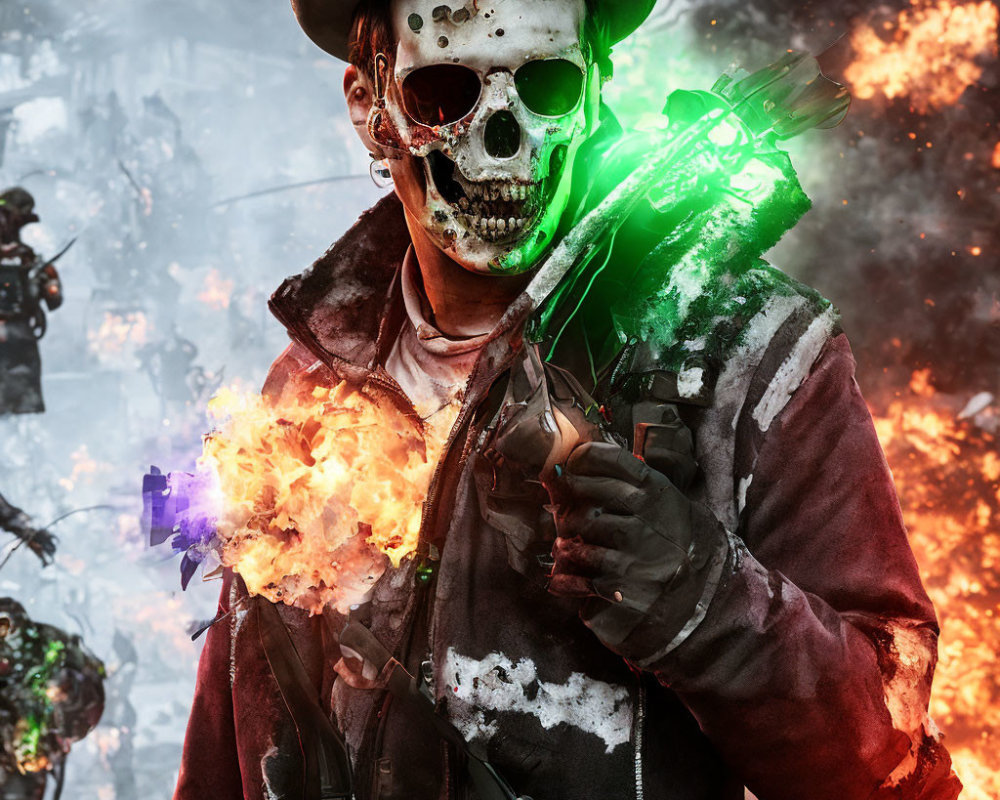 Skull mask wearer in military attire with flare amidst chaos