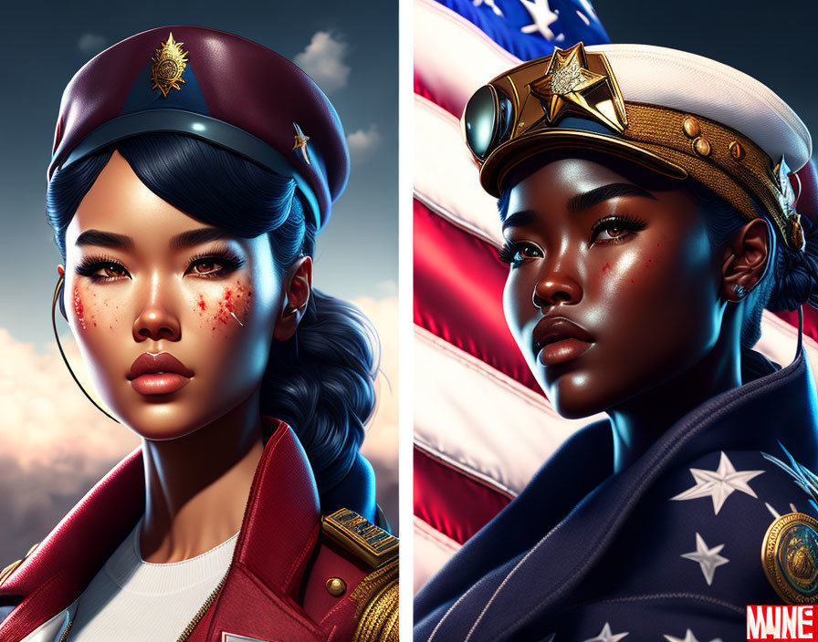 Illustrated Women in Military Attire with Patriotic Backgrounds