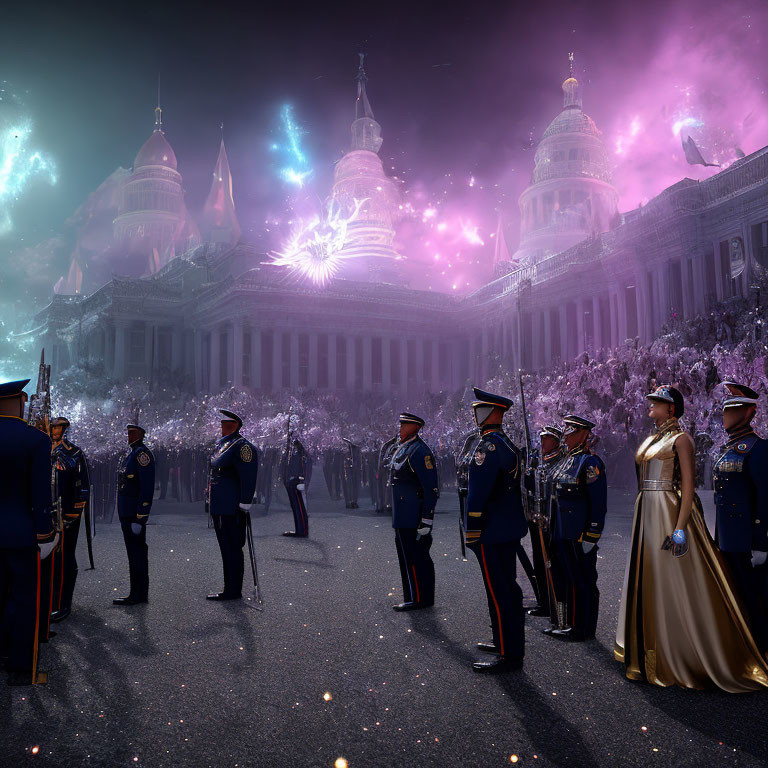 Ceremonial gathering with officers and elegantly dressed figures at night