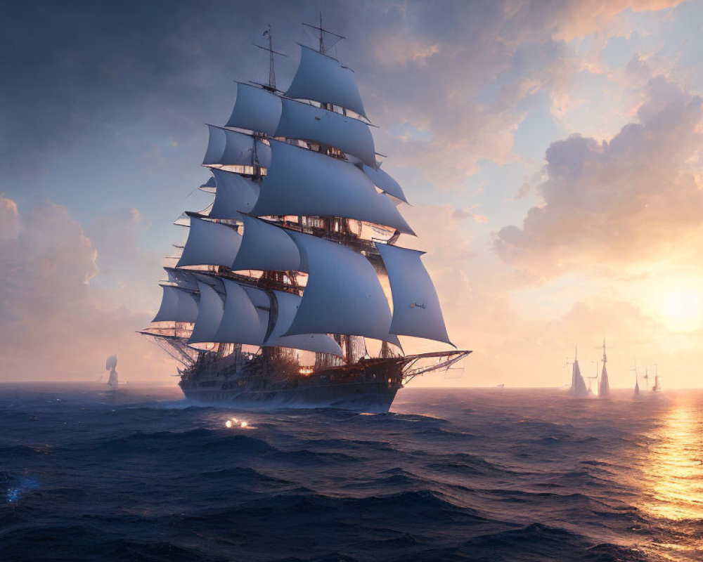 Majestic tall ship sailing at sunset with full white sails