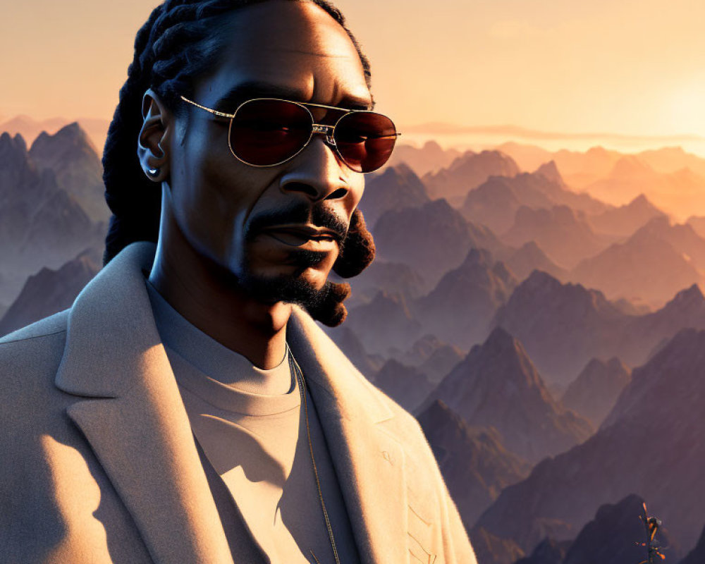 Stylized 3D rendering: Braided hair man in sunglasses with coat, sunset mountains