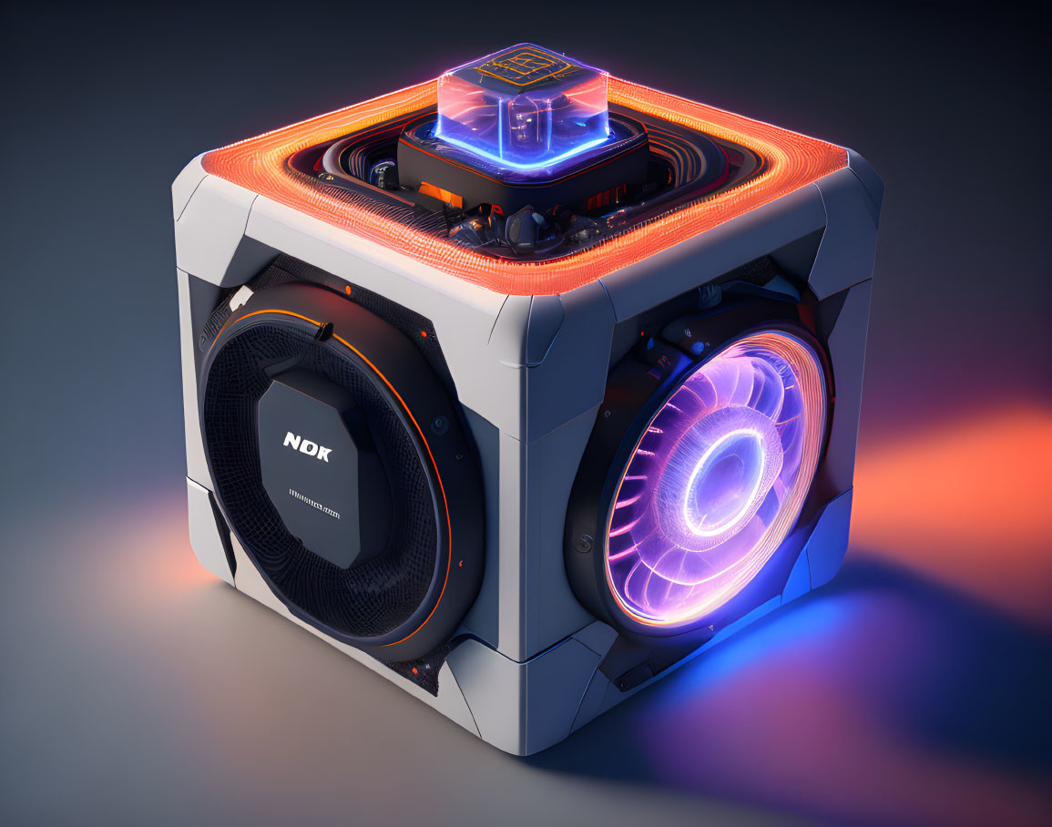 Neon Orange and Purple Lit Futuristic Speaker with Subwoofer