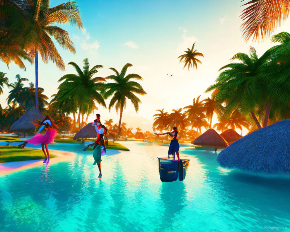 Vibrant Tropical Paradise with Dancing People, Palm Trees, Thatched Huts, and Sunset Sky